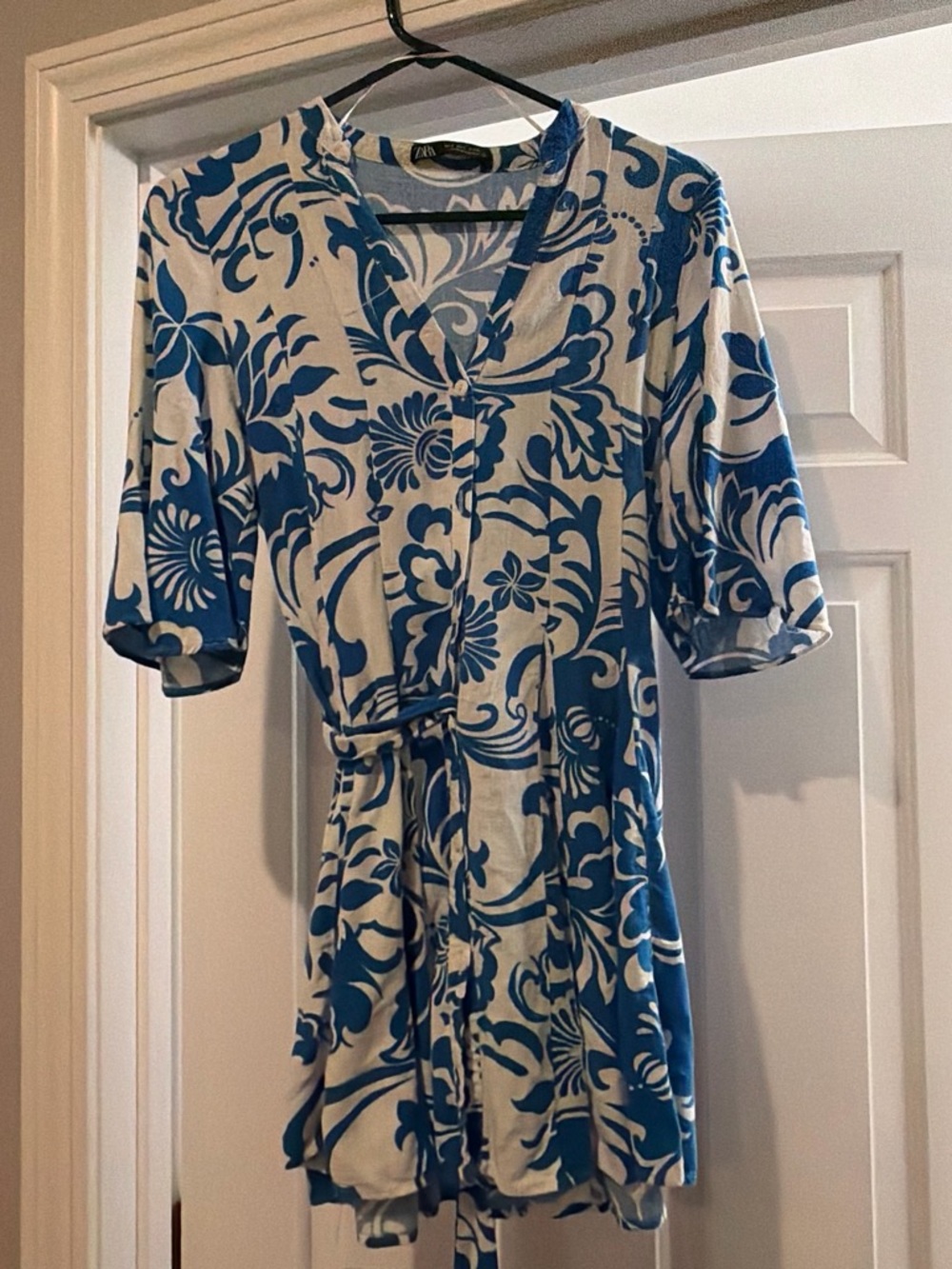 Zara Blue & White Floral Tie-Waist Mini Dress